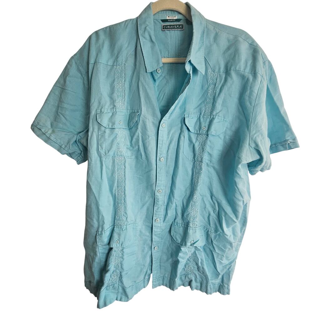Cubavera Mens Shirt Slim Blue Linen Cotton Breathable Travel Resort XL Vacation